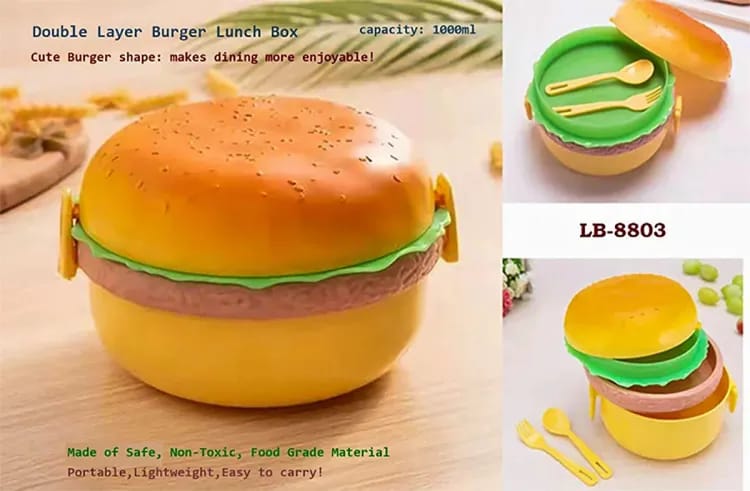 1 Pc Round Cute Burger Shape Lunch Box Perfect For School Kids Office Worker 3 Layer Container Box For Boys, Girls, School & Office Men