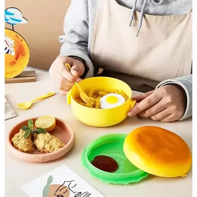 1 Pc Round Cute Burger Shape Lunch Box Perfect For School Kids Office Worker 3 Layer Container Box For Boys, Girls, School & Office Men