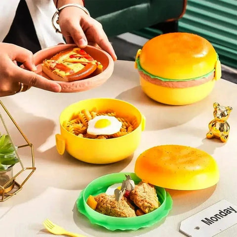 1 Pc Round Cute Burger Shape Lunch Box Perfect For School Kids Office Worker 3 Layer Container Box For Boys, Girls, School & Office Men